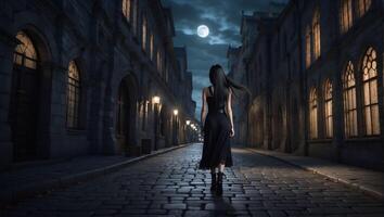 a beautiful goth girl with long straight hair in a short black dress is walking through a gothic city photo