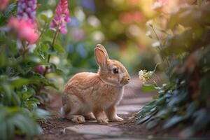 A Holland Lop bunny with long whiskers twitching, sniffing a flower photo