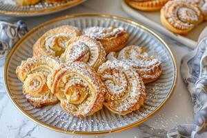 A plate of delicate and flaky palmiers dusted with powdered sugar photo