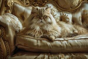 A regal Persian cat sitting atop a cushioned throne, its luxurious fur cascading in gentle waves around its body photo