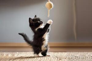 A playful tuxedo kitten batting at a dangling toy, its tail flicking back and forth with excitement photo