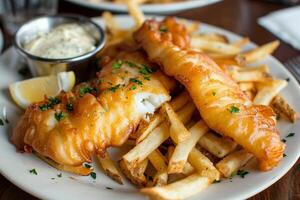 crujiente pescado y papas fritas y sarro salsa foto