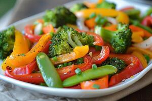 un plato de vistoso salteado vegetales foto