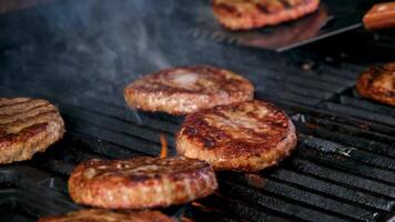 Grill Soße auf Hähnchen und Rindfleisch Rippen auf ein Grill draußen Rippenfest Steak. schließen oben Schuss von Flamme gegrillt Grill t Knochen Rindfleisch Steak. Flammen langsam erhebt euch durch ein Grill Grill und anbraten. video