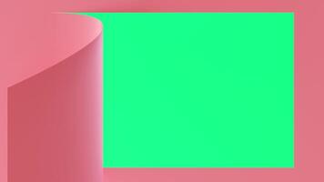 rosa böjd papper uppvikning till avslöja en krom nyckel grön bakgrund, idealisk för kreativ projekt och anpassningsbar presentationer. böjd, rullad papper ark. grön område till Föra in eller bild. 3d. video