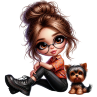 Grafik von ein lange behaart Chibi Mädchen mit ein klein Yorkie Hund png