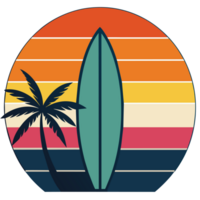 un diseño representa un palma árbol y un tabla de surf conjunto en contra un fondo de horizontal rayas en calentar matices sugerencia un puesta de sol png