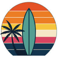 een ontwerp beeldt af een palm boom en een surfboard reeks tegen een backdrop van horizontaal strepen in warm tinten suggereren een zonsondergang png