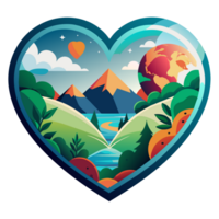 A heart shaped border encompasses a vibrant landscape with mountains, a river, and flora under a sky with clouds, png