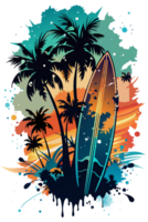 ein Surfbrett steht vertikal mit ein beschwingt Design mit ein Strand Sonnenuntergang und Ozean Wellen png