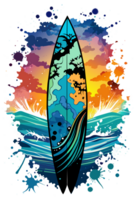 A surfboard stands vertically with a vibrant design featuring a beach sunset and ocean waves png