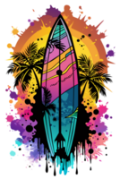 A surfboard stands vertically with a vibrant design featuring a beach sunset and ocean waves png
