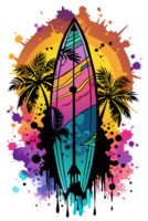 A surfboard stands vertically with a vibrant design featuring a beach sunset and ocean waves png