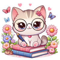 kawaii cat with glasses sitting with a book pen png