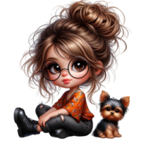 graphics of a long haired chibi girl with a small yorkie dog png