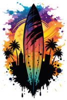 A surfboard stands vertically with a vibrant design featuring a beach sunset and ocean waves png