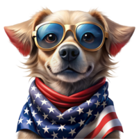 A dog with tan fur is depicted wearing round, blue-tinted sunglasses and a scarf with the American flag pattern png