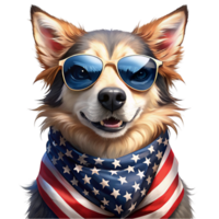 A dog with tan fur is depicted wearing round, blue-tinted sunglasses and a scarf with the American flag pattern png