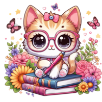 kawaii cat with glasses sitting with a book pen png