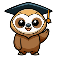 A cartoon sloth is wearing a graduation cap and smiling. png