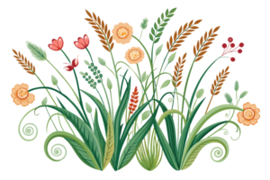 en samling av stiliserade, färgrik växter och blommor står png