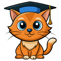 A cartoon cat is wearing a graduation cap and smiling. png