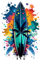 A surfboard stands vertically with a vibrant design featuring a beach sunset and ocean waves png