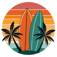 A design depicts a palm tree and a surfboard set against a backdrop of horizontal stripes in warm hues suggesting a sunset png