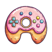 A whimsical depiction of a game controller shaped like a doughnut complete with icing and sprinkles takes center png