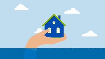 House insurance protection from disaster, 4k animation of large human hand helps protect house above flood water level from damage. video