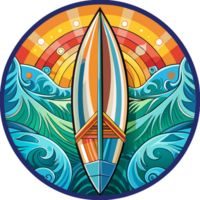 A surfboard dominates the center of a circular design, which is flanked by ornate waves and under a radiant sun png