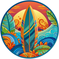 A surfboard dominates the center of a circular design, which is flanked by ornate waves and under a radiant sun png