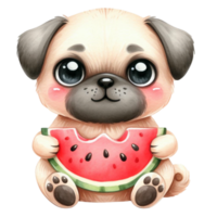 cute pug eating fresh juicy watermelon png