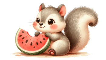 graphic with a squirrel eating a juicy watermelon png