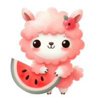 summer graphic of a pink llama with a piece of juicy watermelon png