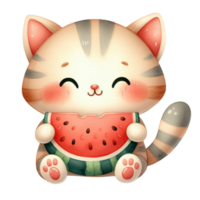 graphic with a little cat eating juicy watermelon png