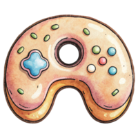 A whimsical depiction of a game controller shaped like a doughnut complete with icing and sprinkles takes center png