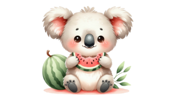 cute summer graphic with a baby koala eating juicy watermelon png