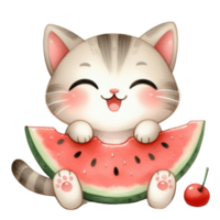 graphic with a little cat eating juicy watermelon png