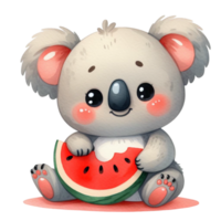 söt sommar grafisk med en bebis koala äter saftig vattenmelon png