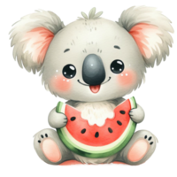 söt sommar grafisk med en bebis koala äter saftig vattenmelon png