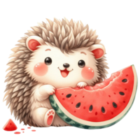 cute hedgehog eating fresh juicy watermelon png