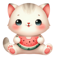 graphic with a little cat eating juicy watermelon png