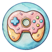 A whimsical depiction of a game controller shaped like a doughnut complete with icing and sprinkles takes center png