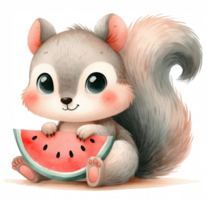 graphic with a squirrel eating a juicy watermelon png