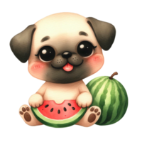 cute pug eating fresh juicy watermelon png