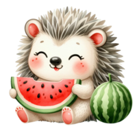 cute hedgehog eating fresh juicy watermelon png