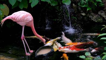 Flamingo eats food from the lake from feeder, fish swim up to feed, colorful large sea inhabitants. Lives on Caribbean coast. largest representative of the flamingo family. Victoria Butterfly Gardens video