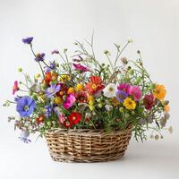 Rustic wicker basket filled with colorful wildflowers. photo