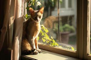 un pulcro oriental cabello corto gato encaramado en un antepecho, sus vibrante verde ojos espumoso con inteligencia foto